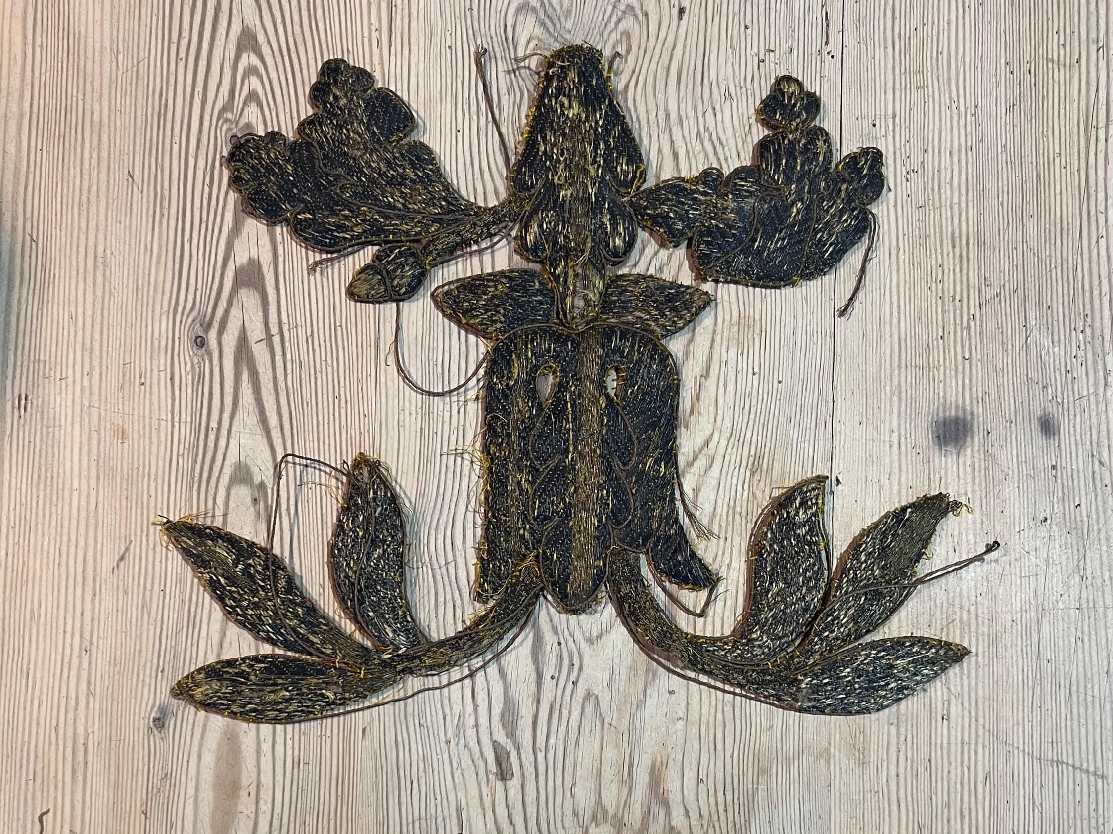 Antique French Needlework Silk Metallic Embroidery Appliqué