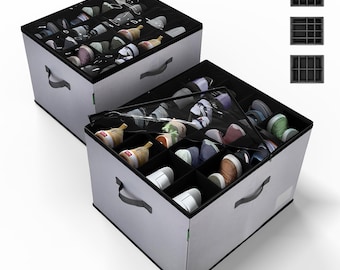 2 Pack Shoe Organizers for Closet, Foldable Fabric Shoe Storage Box with Clear Lid, Customizable Shoe Bin, Holds up to 32 Pairs, DeveHome.