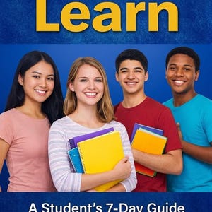 Op de afbeelding: Promotieafbeelding met de tekst "DARE to Learn" in grote witte en gele letters. Vier studenten glimlachen, met notitieboekjes. De tekst hieronder luidt "A Student's 7-Day Guide to Smarter Learning", met "Less Stress" en "More Fun".