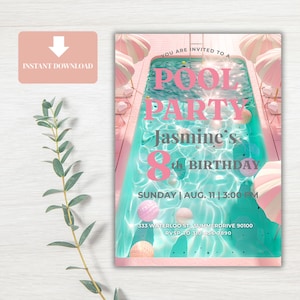以下が含まれることがあります： プールパーティーのデジタル招待状。ターコイズブルーのプールに「POOL PARTY」と「Jasmine's 8th Birthday」の文字。日付、時間、住所が記載され、ピンクと白の配色です。
