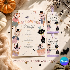 Editable Halloween Invitation and Thank You Tag Set for Kids, Vintage Canva Party Template