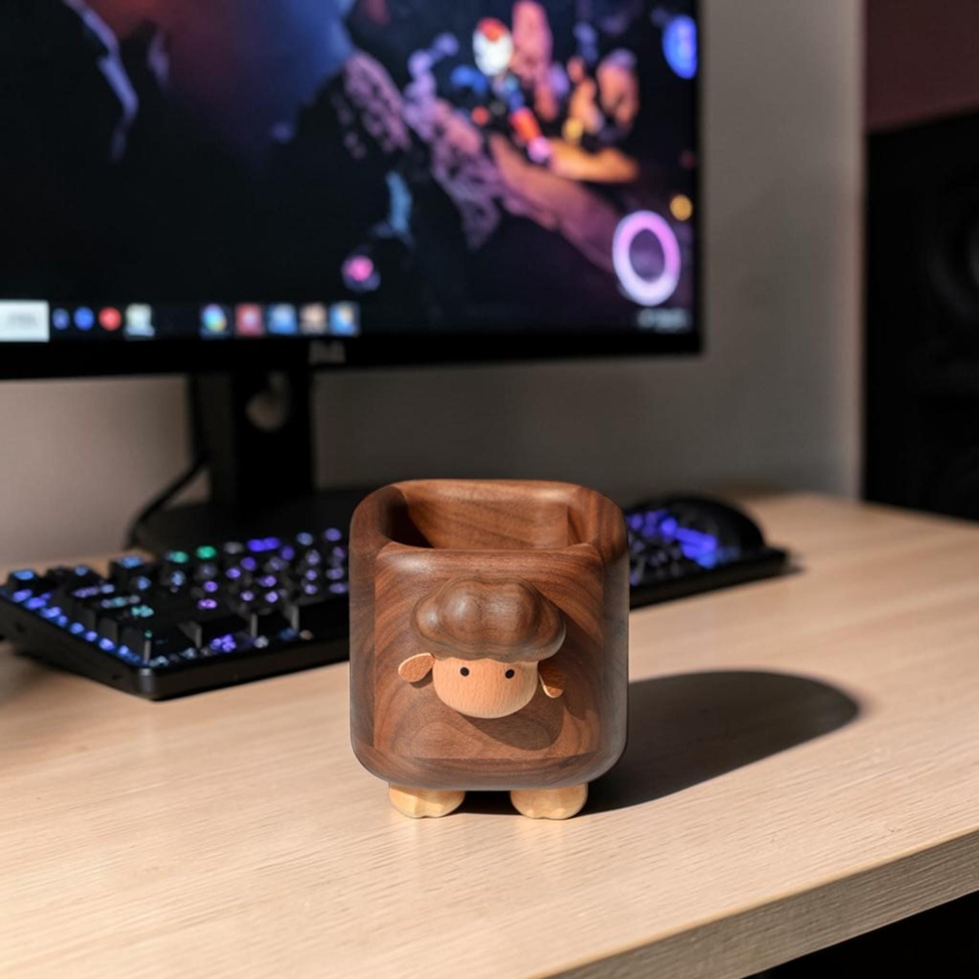 Walnut Wood Sheep Pen Holder | Handmade Wooden Pencil Organizer, Magnetic Animal Desk Decor, Cute Office Accessory, Gift for Kids Adults