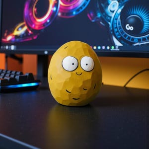 Puede incluir: Una figura de madera amarilla en forma de huevo con una textura tallada. La figura tiene ojos grandes con bordes blancos y una pequeña sonrisa curvada. Está sobre una superficie negra frente a un monitor de computadora.