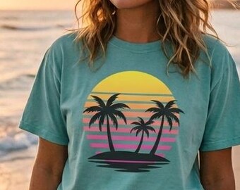 Retro Sunset beach,  tropical vacation  tee, beach vibes summer top