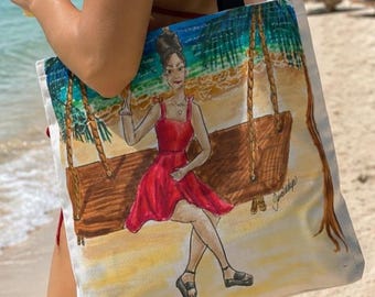 Fashion Illustration Beach Tote Bag, Tropical Vacation Beach Accessory