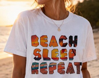 Beach Sleep Repeat Graphic Tee, Tropical Vacation Shirt