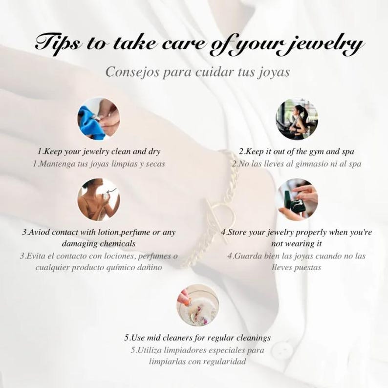 May include: Image with text: "Tips to take care of your jewelry." The image shows tips for jewelry care, including keeping jewelry clean, avoiding chemicals, and proper storage. A gold bracelet is visible.