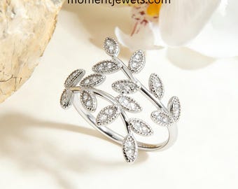 925 Sterling Silver Leaf Ring 2g 3D Botanical Design Zircon Inlay Platinum Plated 1pc