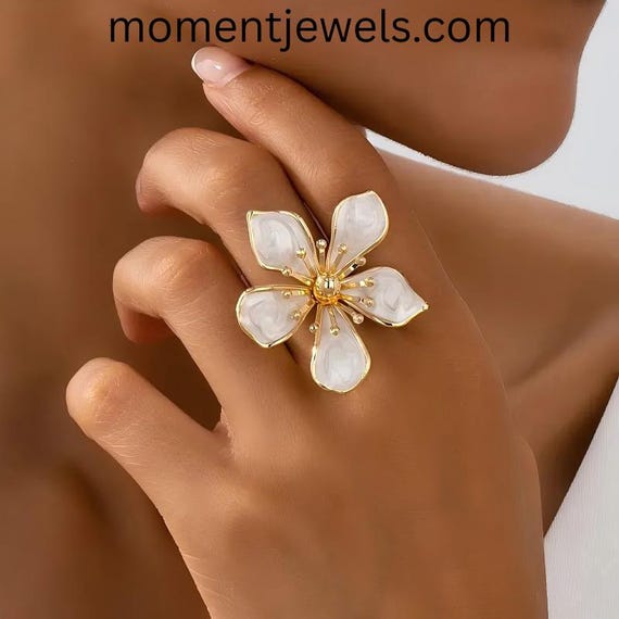Chunky Enamel Flower Ring Gold Plated Colorful Statement Jewelry Retro Floral Big Ring