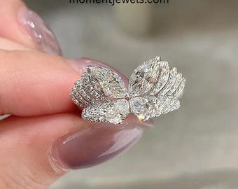 Sterling Silver Butterfly Ring, Multi-layer Rhinestone Design, Geometric Illusion Jewelry
