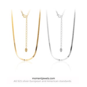 May include: Two herringbone chain necklaces, one gold and one silver, displayed against a white backdrop. Both have adjustable clasps. The text "momentjewels.com" is visible at the bottom of the image.