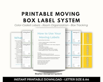 Etiquetas de mudanza codificadas por colores y sistema de organización de cajas / Kit de mudanza imprimible