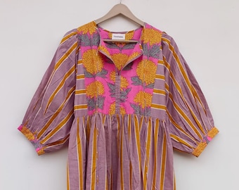 Handmade Floral Cotton Midi Dress: Bohemian Summer Tunic Dress