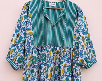 Vestido midi de algodón floral hecho a mano: vestido estilo túnica bohemio de verano para mujer