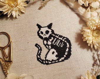 Skeleton Cat Cross Stitch Pattern | Halloween Needlepoint (PDF Download)