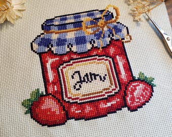 Strawberry Jam Jar Cross Stitch Pattern | Cozy Farmhouse Needlepoint (PDF Download)