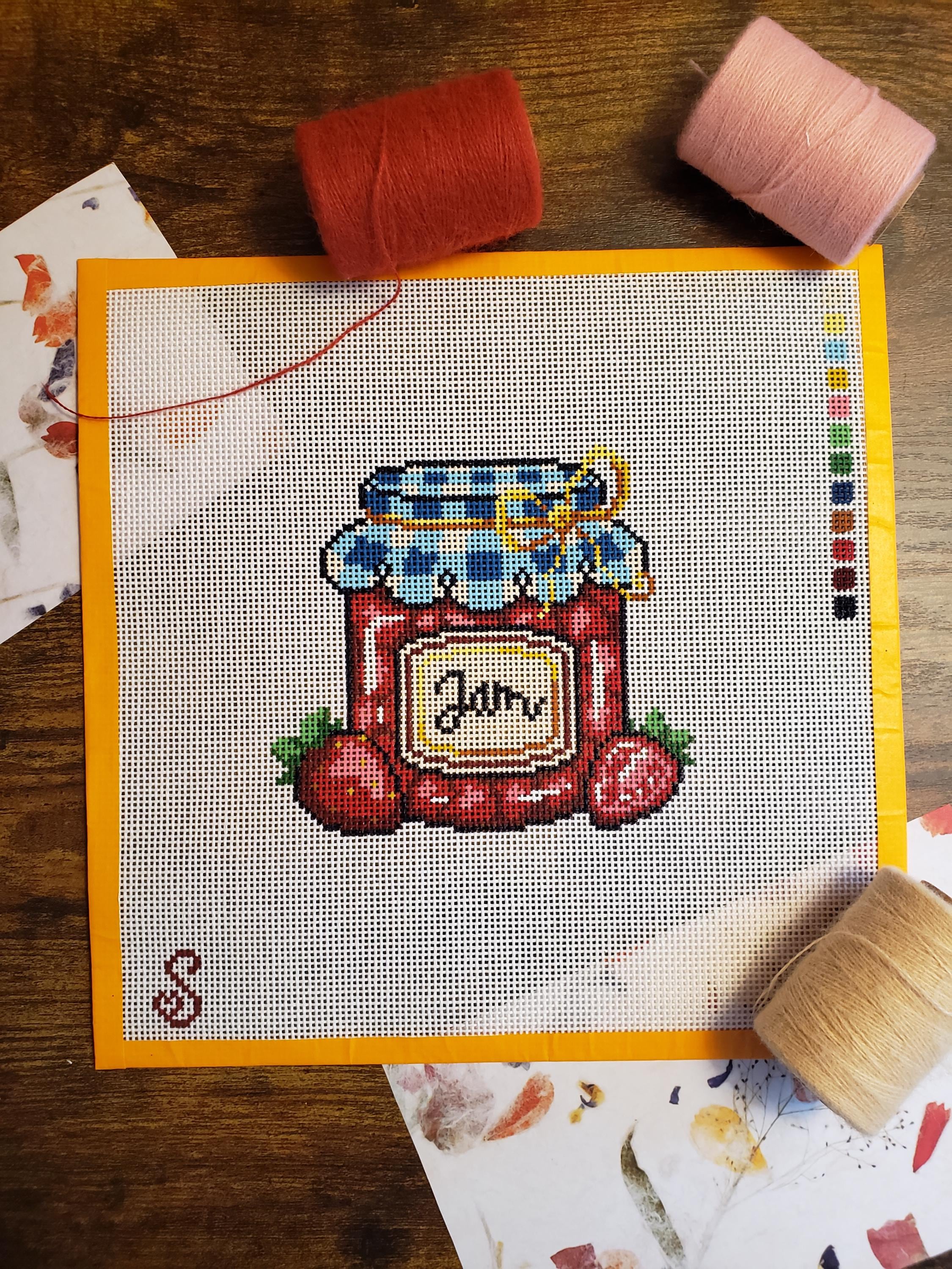 Strawberry Jam Hand-Painted Needlepoint Canvas 14 Mesh