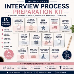 Può includere: Il kit definitivo per la preparazione al colloquio include 13 risorse digitali come un quaderno di preparazione, una guida alle domande comuni, un quaderno sul metodo STAR, modelli per colloqui comportamentali e una scheda di ricerca aziendale.