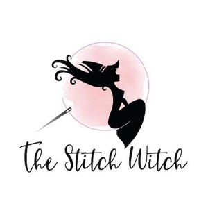 May include: The Stitch Witch logo features a black silhouette of a woman with flowing hair, set against a pink watercolor circle. A needle and thread are positioned to the left, with the words "The Stitch Witch" in cursive below.