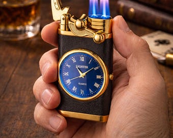 Encendedor de lujo con reloj de cuarzo, resistente al viento y con llama a reacción, un regalo elegante para hombres.