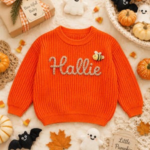 Könnte beinhalten: Ein leuchtend orangefarbener Langarm-Strickpullover mit dem Namen Hallie, der in hellbeigem Garn auf die Brust gestickt ist, ergänzt durch eine kleine, dreidimensionale Filzbiene rechts neben dem Namen.