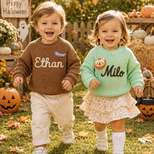 Könnte beinhalten: Ein brauner Strickpullover mit dem Namen Ethan und einem kleinen Flugzeugaufnäher, kombiniert mit beigefarbener Hose, und ein hellgrüner Strickpullover mit dem Namen Milo und einem Löwenaufnäher, kombiniert mit einem geblümten Stufenrock und weißen Socken.
