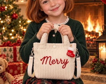 子供用コーデュロイトートバッグ、メリークリスマス刺繍入り財布、子供用クロスボディハンドバッグ、女の子へのホリデーギフト、お祝いの小型ショルダーバッグ