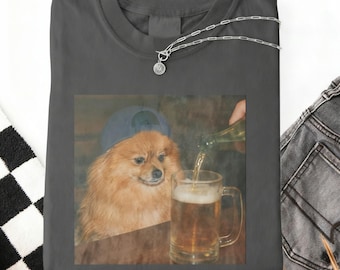 Funny Pomeranian Drinking Beer Shirt, Silly Sarcastic Pom Novelty Meme Graphic Y2K Tee, Funny Dog Gift Men Women,Kid T-Shirt