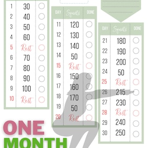 Può includere: Un grafico di sfida di squat di un mese stampabile con una silhouette di una persona che fa squat. Il grafico include una data di inizio, un risultato obiettivo e obiettivi giornalieri di squat con caselle di controllo per contrassegnare il completamento.