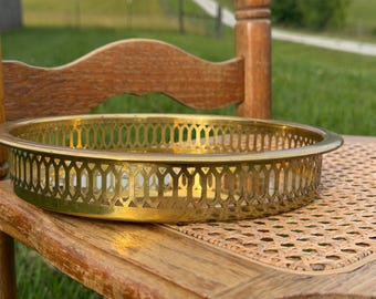 Vintage Brass Gallery Tray | Reticulated Pierced Serving Platter, Mid Century Hollywood Regency