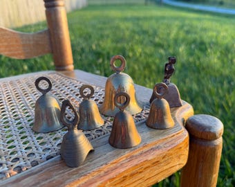 Vintage Brass Bells Set, Mixed Metal Harness Souvenir Chime Supplies, Farmhouse Boho Decor