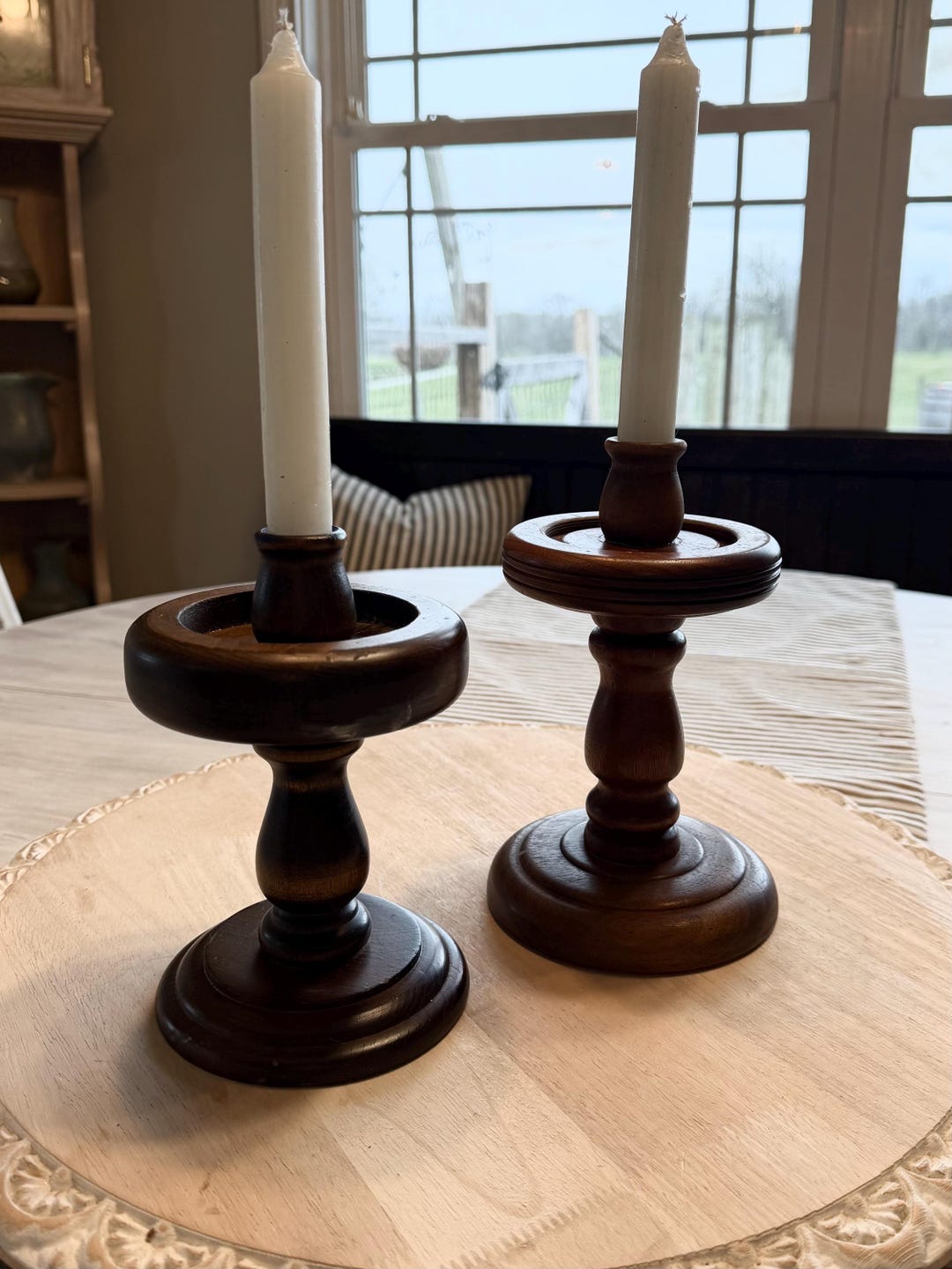 Vintage Mismatched Hand-turned Wood Candlesticks – Set of 2 – Dark ...