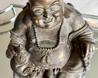 Solid Bronze Laughing Buddha Statue – Five Bats of Fortune, Harmony Inscription