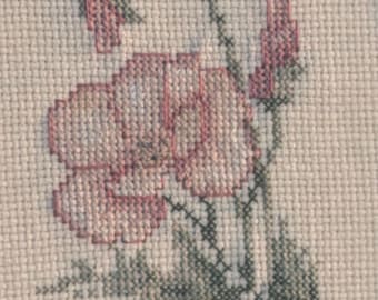 Vintage Pink Rose Cross Stitch Wall Art, 1980s Floral Needlework, Gold Frame