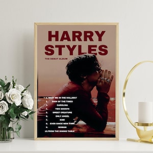 May include: A framed poster with the words "HARRY STYLES" in maroon. The poster includes the text "THE DEBUT ALBUM" and a list of song titles. The image shows a person in a red shirt.