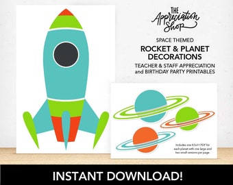 INSTANT Rocket and Planet Printable Decorations - Space Themed Teacher Appreciation and Birthday Printable