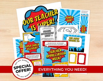 Superhero Teacher Appreciation Week Bundle for Room Parents: Coloring Sheet, Door Decoration, Gift Card Holder and More!