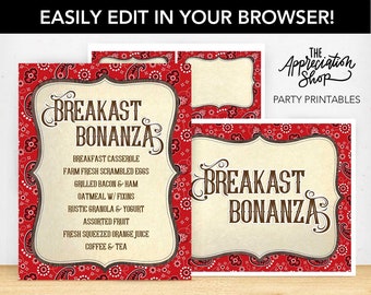 EDITABLE Breakfast Bonanza Printables - Western Staff Appreciation and Americana Cowboy Party Printables