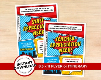 Superhero Teacher Appreciation Week Flyer, Staff Appreciation Week Itinerary, Pto Pta, Thank You Printable, EDITABLE INSTANT DOWNLOAD