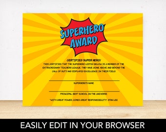 EDITABLE Superhero Award - Teacher Appreciation, Staff Appreciation, Employee Appreciation, Super Friend Award, Appreciation Week Gift Ideas