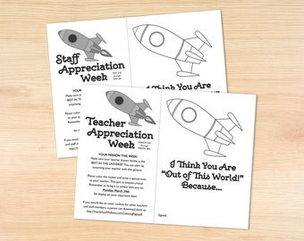 Space themed Teacher and Staff Appreciation Coloring Sheet, Thank You Coloring Page, Pto Pta Printable, EDITABLE INSTANT DOWNLOAD