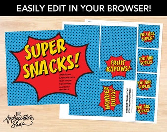 EDITABLE Super Snacks Superhero Printables - Teacher Appreciation Week and Birthday Party Printables