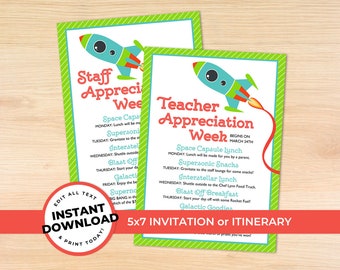 Space Teacher Appreciation Staff Invitation, Thank You Printable, Appreciation Week Ideas, EDITABLE INSTANT DOWNLOAD