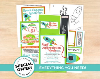 Space Teacher Appreciation Week Room Parent Bundle: Staff Appreciation Itinerary, Rocket Coloring Sheet, Snack Door Hanger, PTO PTA + more!