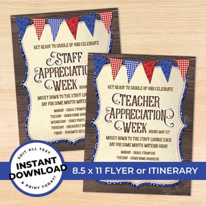 Western Teacher Appreciation Staff Flyer, Thank You Printable, Cowboy Appreciation Week Itinerary, Pto Pta, EDITABLE INSTANT DOWNLOAD