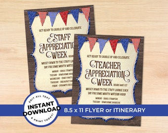 Western Teacher Appreciation Staff Flyer, Thank You Printable, Cowboy Appreciation Week Itinerary, Pto Pta, EDITABLE INSTANT DOWNLOAD