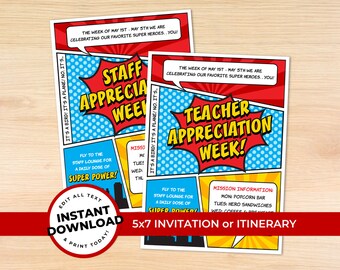 Superhero Teacher Appreciation Staff Invitation, Thank You Printable, Appreciation Week Ideas, Pto Pta, EDITABLE INSTANT DOWNLOAD