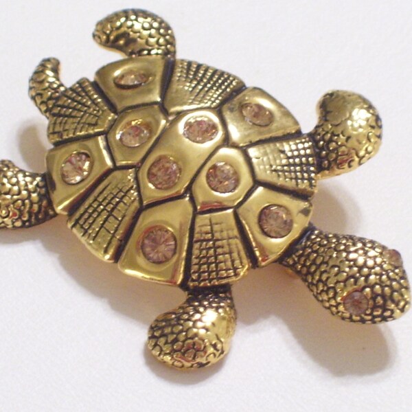Vintage Topaz Rhinestone Goldtone Sea Turtle Pin Brooch