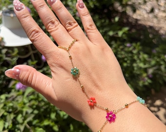 Multicolor Beaded Flower Hand Chain Bracelet • Tarnish Free Stainless Steel Waterproof Summer Jewelry • Colorful Ring Bracelet for Her