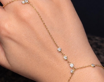 Waterproof Gold Hand Chain Bracelet Round CZ Ring • Tarnish Free Stainless Steel Slave Bracelet • Minimalist Bohemian Jewelry Gift for Her